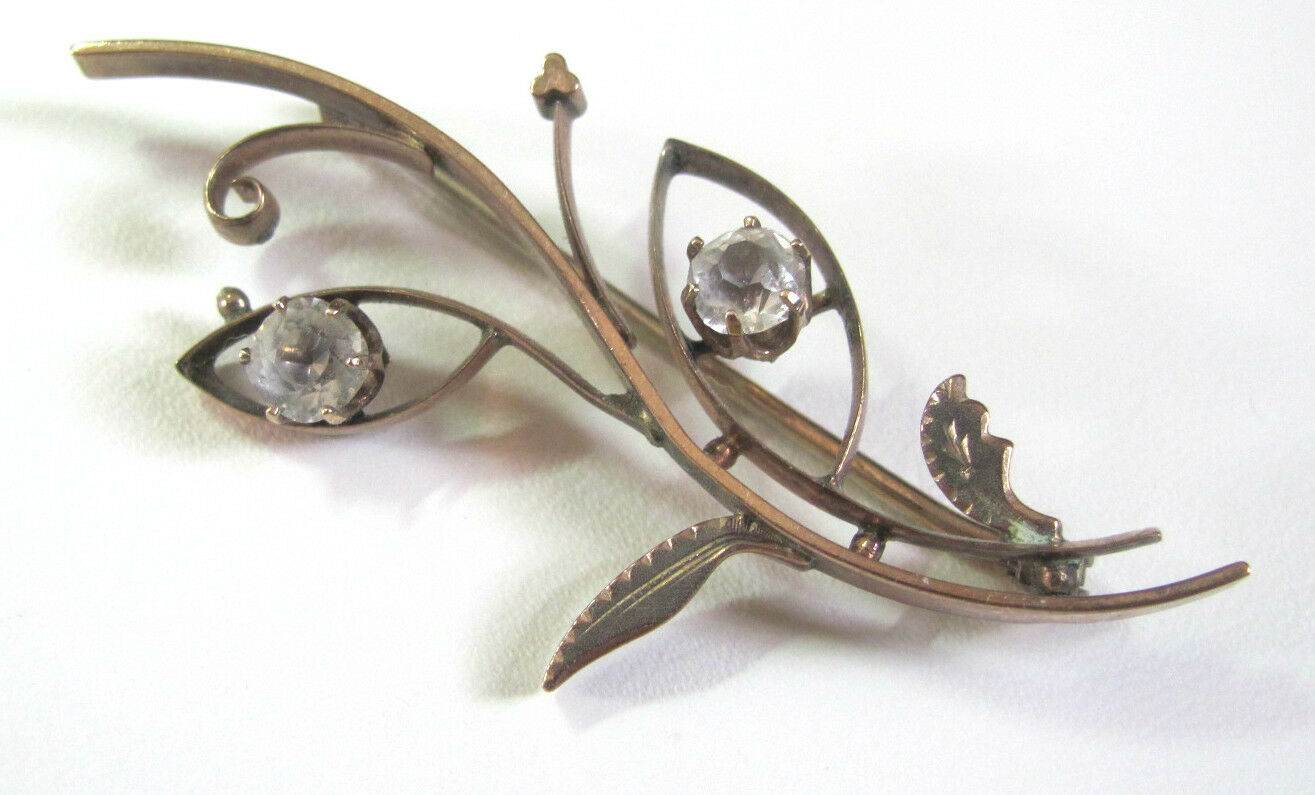 Vintage Unusual Victorian Pin Branch W/ 2 Paste Diamonds & Leaves & Bud Gf?