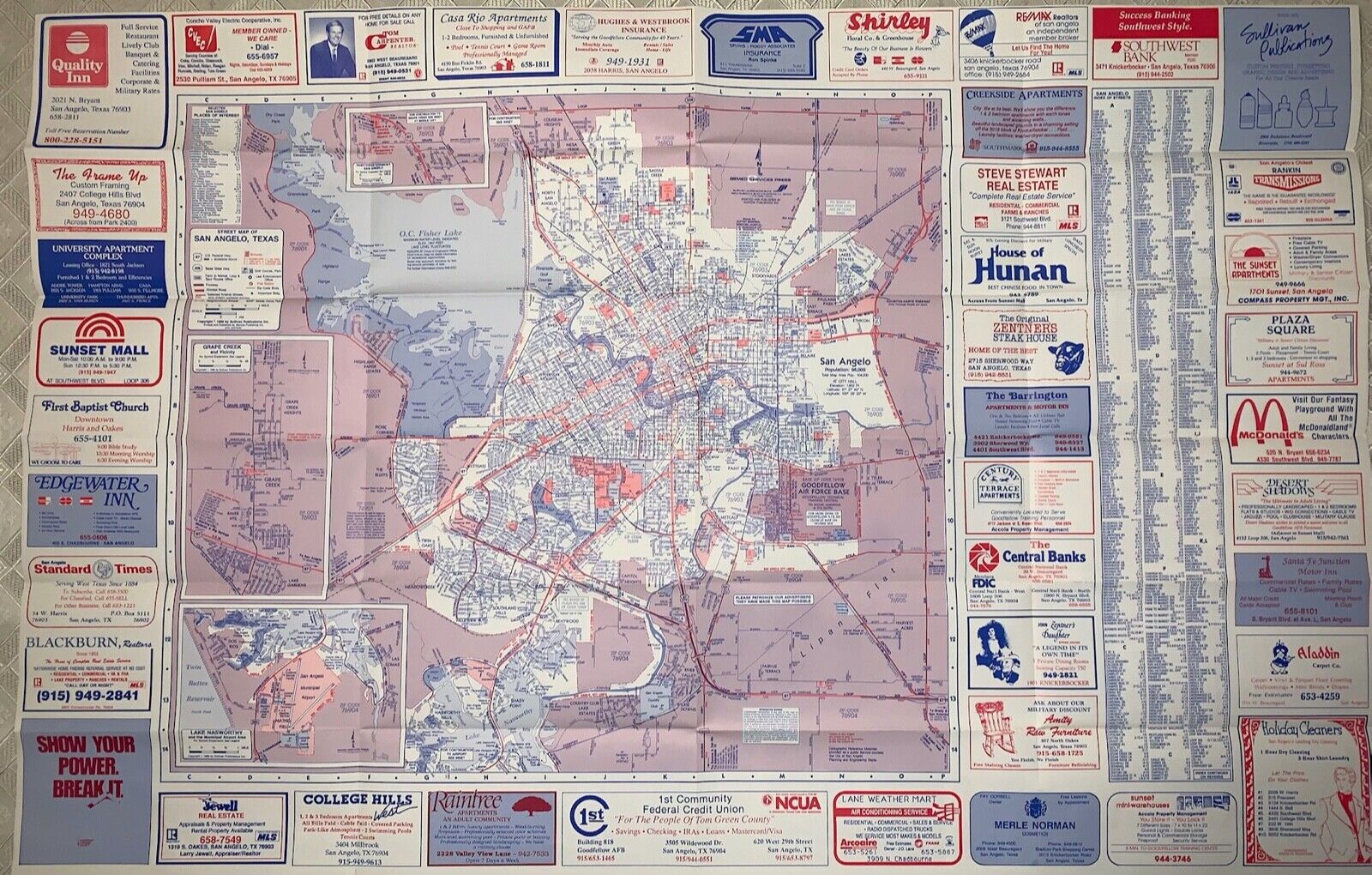 1988 San Angelo And Goodfellow Air Force Base Street Map - 22" X 34" Sullivan