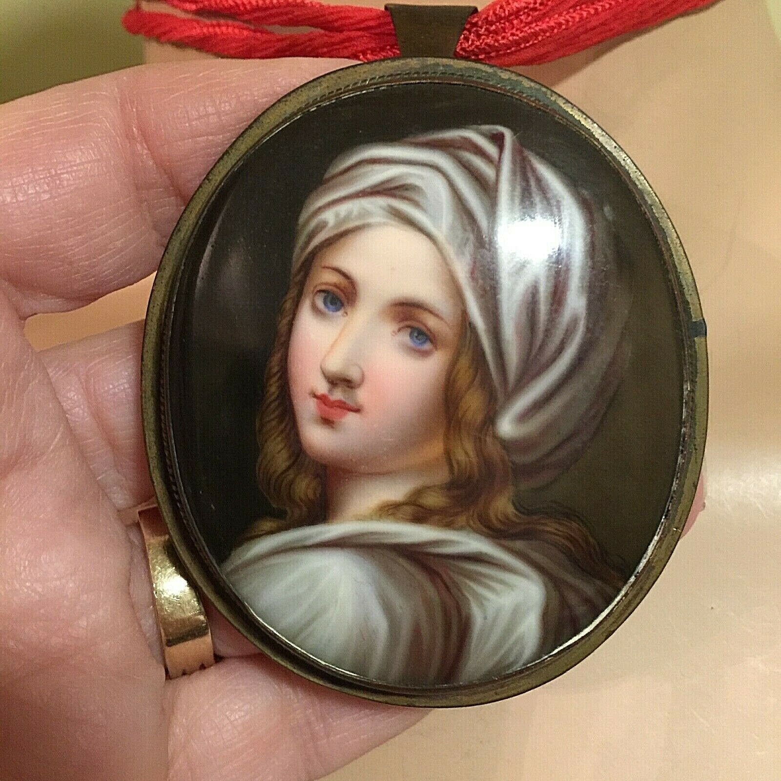 Antique Renaissance Italian Girl Hand Painted Porcelain Pendant Brooch Pin 3"