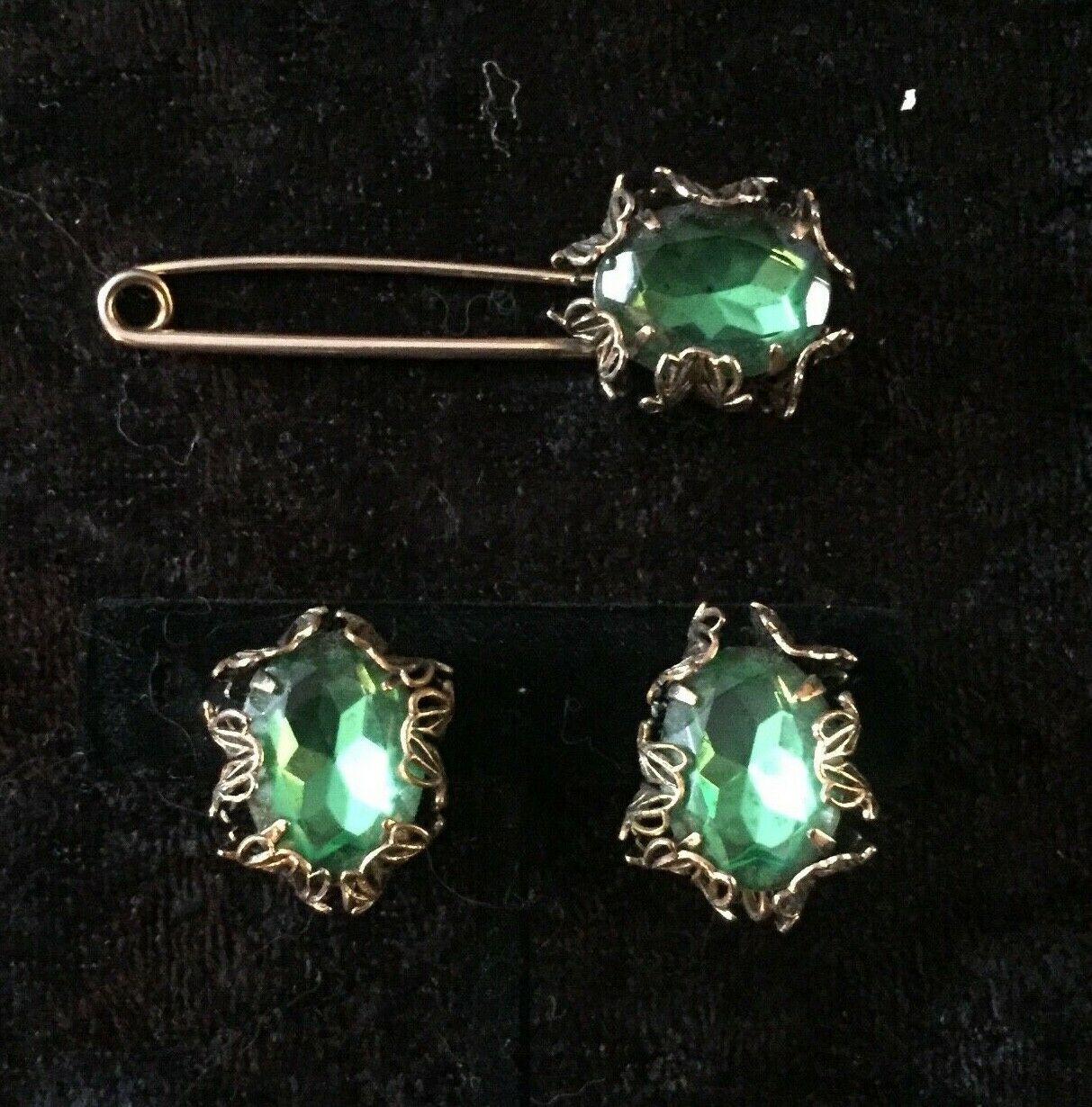 Victorian Antique R&f Clip Earrings & Matching Brooch Green Riley & French Wow