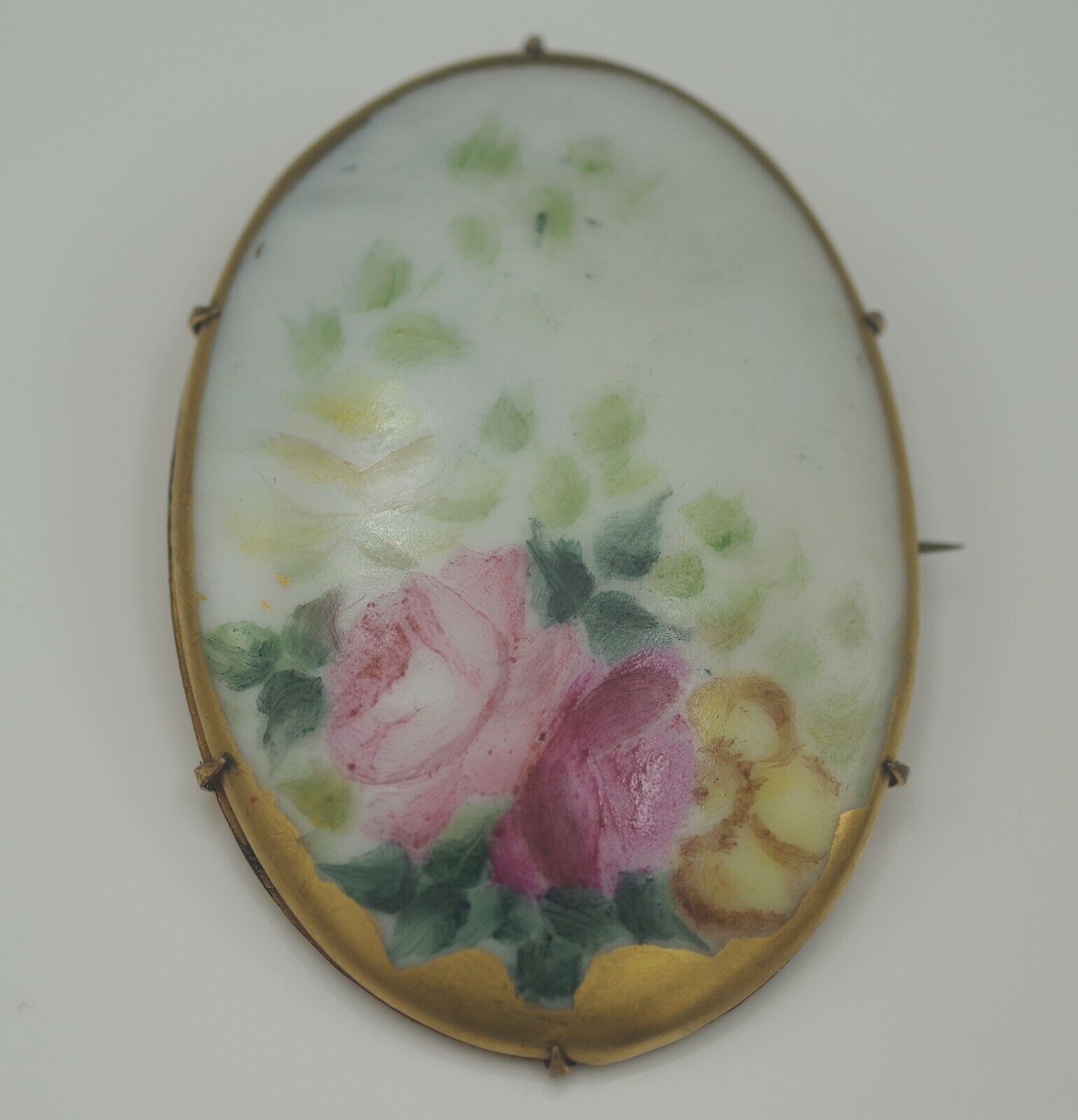 Xix Century Hand Painted Porcelain Roses Large Oval Brooch Pin 2.5"